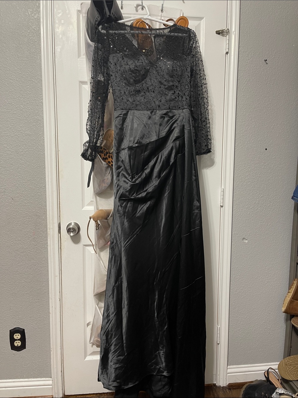 Black Long Sleeve Sequin Bodice Satin Skirt Evening Dress